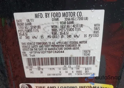 2011 Ford F-150 Fx4 from USA, damaged, VIN 1FTFW1EF7BFC62044